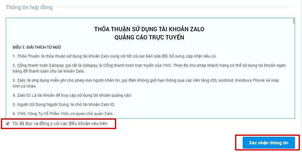 Xác nhận thông tin tạo tài khoản quảng cáo Zalo